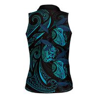 Hawaiian Mango Tribal Tattoo Women Sleeveless Polo Shirt Teal Pacific Traditional Pattern