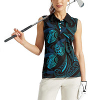 Hawaiian Mango Tribal Tattoo Women Sleeveless Polo Shirt Teal Pacific Traditional Pattern