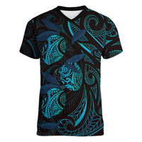 Hawaiian Mango Tribal Tattoo Women V-Neck T-Shirt Teal Pacific Traditional Pattern