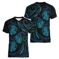 Hawaiian Mango Tribal Tattoo Women V-Neck T-Shirt Teal Pacific Traditional Pattern