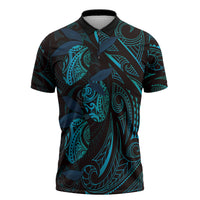 Hawaiian Mango Tribal Tattoo Zipper Polo Shirt Teal Pacific Traditional Pattern