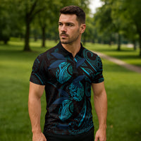 Hawaiian Mango Tribal Tattoo Zipper Polo Shirt Teal Pacific Traditional Pattern