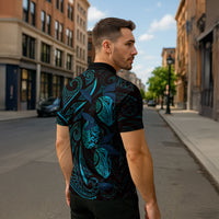 Hawaiian Mango Tribal Tattoo Zipper Polo Shirt Teal Pacific Traditional Pattern