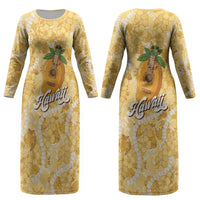 Hawaiian Mango Ukulele Couples Matching Long Sleeve Bodycon Dress and Hawaiian Shirt Retro Yellow Hibiscus Pikake Lei