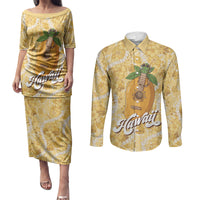 Hawaiian Mango Ukulele Couples Matching Puletasi and Long Sleeve Button Shirt Retro Yellow Hibiscus Pikake Lei