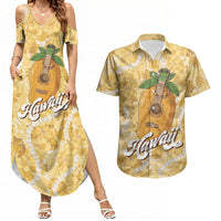 Hawaiian Mango Ukulele Couples Matching Summer Maxi Dress and Hawaiian Shirt Retro Yellow Hibiscus Pikake Lei