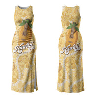 Hawaiian Mango Ukulele Couples Matching Tank Maxi Dress and Hawaiian Shirt Retro Yellow Hibiscus Pikake Lei
