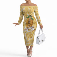 Hawaiian Mango Ukulele Off The Shoulder Long Sleeve Dress Retro Yellow Hibiscus Pikake Lei