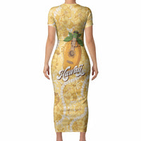 Hawaiian Mango Ukulele Short Sleeve Bodycon Dress Retro Yellow Hibiscus Pikake Lei