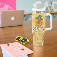 Hawaiian Mango Ukulele Tumbler With Handle Retro Yellow Hibiscus Pikake Lei