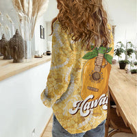 Hawaiian Mango Ukulele Women Casual Shirt Retro Yellow Hibiscus Pikake Lei