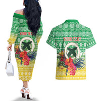 Personalised Malampa Joyeux Noel Couples Matching Off The Shoulder Long Sleeve Dress and Hawaiian Shirt Proud To Be a Ni-Van Sand Drawing Art - Polynesian Pride