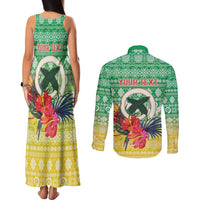 Personalised Malampa Joyeux Noel Couples Matching Tank Maxi Dress and Long Sleeve Button Shirt Proud To Be a Ni-Van Sand Drawing Art - Polynesian Pride
