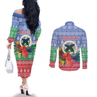 Personalised Shefa Joyeux Noel Couples Matching Off The Shoulder Long Sleeve Dress and Long Sleeve Button Shirt Proud To Be a Ni-Van Sand Drawing Art - Polynesian Pride