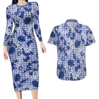 Mokihana Maile Ilima Leis Paniolo Palaka Couples Matching Long Sleeve Bodycon Dress and Hawaiian Shirt Hawaiian Polu Spirit LT9 Blue - Polynesian Pride