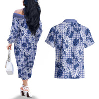 Mokihana Maile Ilima Leis Paniolo Palaka Couples Matching Off The Shoulder Long Sleeve Dress and Hawaiian Shirt Hawaiian Polu Spirit LT9 - Polynesian Pride