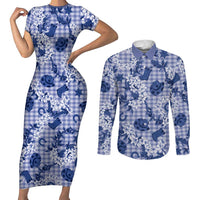 Mokihana Maile Ilima Leis Paniolo Palaka Couples Matching Short Sleeve Bodycon Dress and Long Sleeve Button Shirt Hawaiian Polu Spirit LT9 Blue - Polynesian Pride