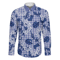 Mokihana Maile Ilima Leis Paniolo Palaka Family Matching Off Shoulder Maxi Dress and Hawaiian Shirt Hawaiian Polu Spirit LT9 Dad's Shirt - Long Sleeve Blue - Polynesian Pride