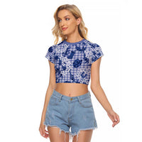 Mokihana Maile Ilima Leis Paniolo Palaka Raglan Cropped T Shirt Hawaiian Polu Spirit LT9 Female Blue - Polynesian Pride