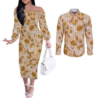 Mokihana Maile Ilima Leis Paniolo Palaka Couples Matching Off The Shoulder Long Sleeve Dress and Long Sleeve Button Shirt Hawaiian Kula Spirit - Polynesian Pride