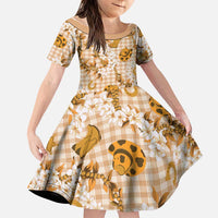 Mokihana Maile Ilima Leis Paniolo Palaka Family Matching Off Shoulder Maxi Dress and Hawaiian Shirt Hawaiian Kula Spirit LT9 Daughter's Dress Gold - Polynesian Pride