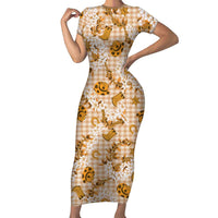 Mokihana Maile Ilima Leis Paniolo Palaka Short Sleeve Bodycon Dress Hawaiian Kula Spirit LT9 Long Dress Gold - Polynesian Pride