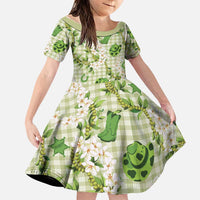 Mokihana Maile Ilima Leis Paniolo Palaka Family Matching Long Sleeve Bodycon Dress and Hawaiian Shirt Hawaiian Omaomo Ala Spirit LT9 Daughter's Dress Green - Polynesian Pride