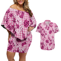 Mokihana Maile Ilima Leis Paniolo Palaka Couples Matching Off Shoulder Short Dress and Hawaiian Shirt Hawaiian Omaomo Ulaula Spirit LT9 Pink - Polynesian Pride