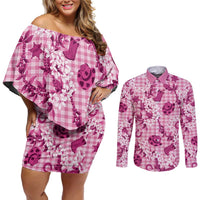 Mokihana Maile Ilima Leis Paniolo Palaka Couples Matching Off Shoulder Short Dress and Long Sleeve Button Shirt Hawaiian Omaomo Ulaula Spirit - Polynesian Pride