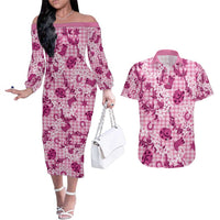 Mokihana Maile Ilima Leis Paniolo Palaka Couples Matching Off The Shoulder Long Sleeve Dress and Hawaiian Shirt Hawaiian Omaomo Ulaula Spirit LT9 Pink - Polynesian Pride