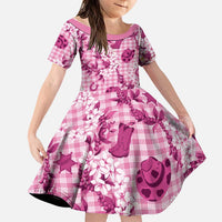 Mokihana Maile Ilima Leis Paniolo Palaka Family Matching Off Shoulder Short Dress and Hawaiian Shirt Hawaiian Omaomo Ulaula Spirit LT9 Daughter's Dress Pink - Polynesian Pride