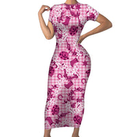 Mokihana Maile Ilima Leis Paniolo Palaka Short Sleeve Bodycon Dress Hawaiian Omaomo Ulaula Spirit - Polynesian Pride
