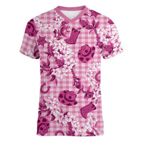 Mokihana Maile Ilima Leis Paniolo Palaka Women V-Neck T-Shirt Hawaiian Omaomo Ulaula Spirit LT9 Female Pink - Polynesian Pride