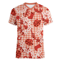 Mokihana Maile Ilima Leis Paniolo Palaka Women V-Neck T-Shirt Hawaiian Ulaula Spirit LT9 Female Red - Polynesian Pride