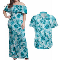 Mokihana Maile Ilima Leis Paniolo Palaka Couples Matching Off Shoulder Maxi Dress and Hawaiian Shirt Hawaiian Polu Opa Spirit LT9 Turquoise - Polynesian Pride