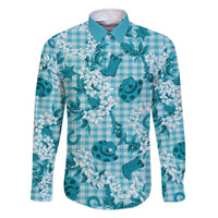 Mokihana Maile Ilima Leis Paniolo Palaka Family Matching Off The Shoulder Long Sleeve Dress and Hawaiian Shirt Hawaiian Polu Opa Spirit LT9 Dad's Shirt - Long Sleeve Turquoise - Polynesian Pride