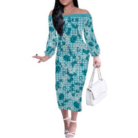 Mokihana Maile Ilima Leis Paniolo Palaka Family Matching Off The Shoulder Long Sleeve Dress and Hawaiian Shirt Hawaiian Polu Opa Spirit LT9 Turquoise - Polynesian Pride
