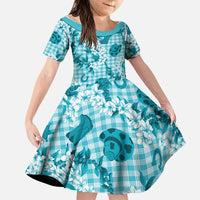 Mokihana Maile Ilima Leis Paniolo Palaka Family Matching Off Shoulder Short Dress and Hawaiian Shirt Hawaiian Polu Opa Spirit LT9 Daughter's Dress Turquoise - Polynesian Pride