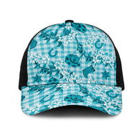 Mokihana Maile Ilima Leis Paniolo Palaka Mesh Trucker Cap Hawaiian Polu Opa Spirit LT9 One Size Black Turquoise - Polynesian Pride