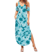 Mokihana Maile Ilima Leis Paniolo Palaka Summer Maxi Dress Hawaiian Polu Opa Spirit LT9 Women Turquoise - Polynesian Pride