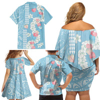 Blue Hawaii Anthurium Plumeria Lei Family Matching Off Shoulder Short Dress and Hawaiian Shirt LT9 - Polynesian Pride