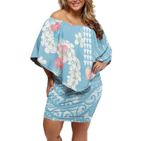Blue Hawaii Anthurium Plumeria Lei Family Matching Off Shoulder Short Dress and Hawaiian Shirt LT9 Mom's Dress Blue - Polynesian Pride