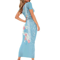 Blue Hawaii Anthurium Plumeria Lei Short Sleeve Bodycon Dress
