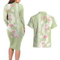 Leaf Green Hawaii Anthurium Plumeria Lei Couples Matching Long Sleeve Bodycon Dress and Hawaiian Shirt LT9 - Polynesian Pride