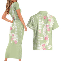 Leaf Green Hawaii Anthurium Plumeria Lei Couples Matching Short Sleeve Bodycon Dress and Hawaiian Shirt LT9 - Polynesian Pride