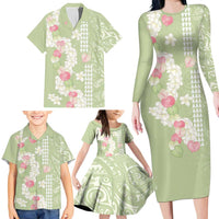 Leaf Green Hawaii Anthurium Plumeria Lei Family Matching Long Sleeve Bodycon Dress and Hawaiian Shirt