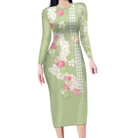 Leaf Green Hawaii Anthurium Plumeria Lei Family Matching Long Sleeve Bodycon Dress and Hawaiian Shirt
