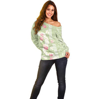 Leaf Green Hawaii Anthurium Plumeria Lei Off Shoulder Sweater