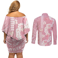 Soft Pink Hawaii Anthurium Plumeria Lei Couples Matching Off Shoulder Short Dress and Long Sleeve Button Shirt