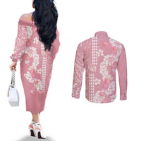 Soft Pink Hawaii Anthurium Plumeria Lei Couples Matching Off The Shoulder Long Sleeve Dress and Long Sleeve Button Shirt